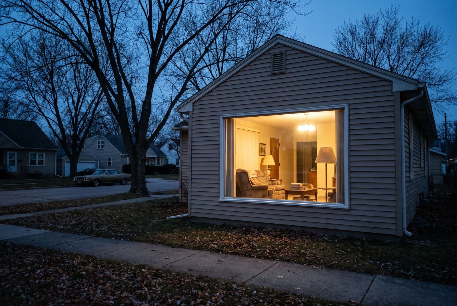 A suburban home at dusk seen from the sidewalk, the lit living room and its furniture fully visible through large untreated street-facing windows
