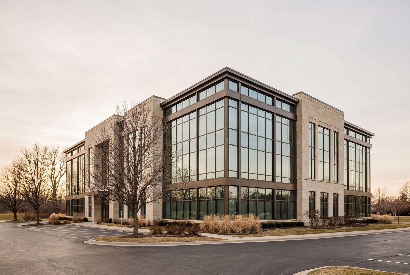 A modern professional building photographed at an angle in late light, its glazing evenly toned with solar control film so every pane reads the same and reflects the sky cleanly