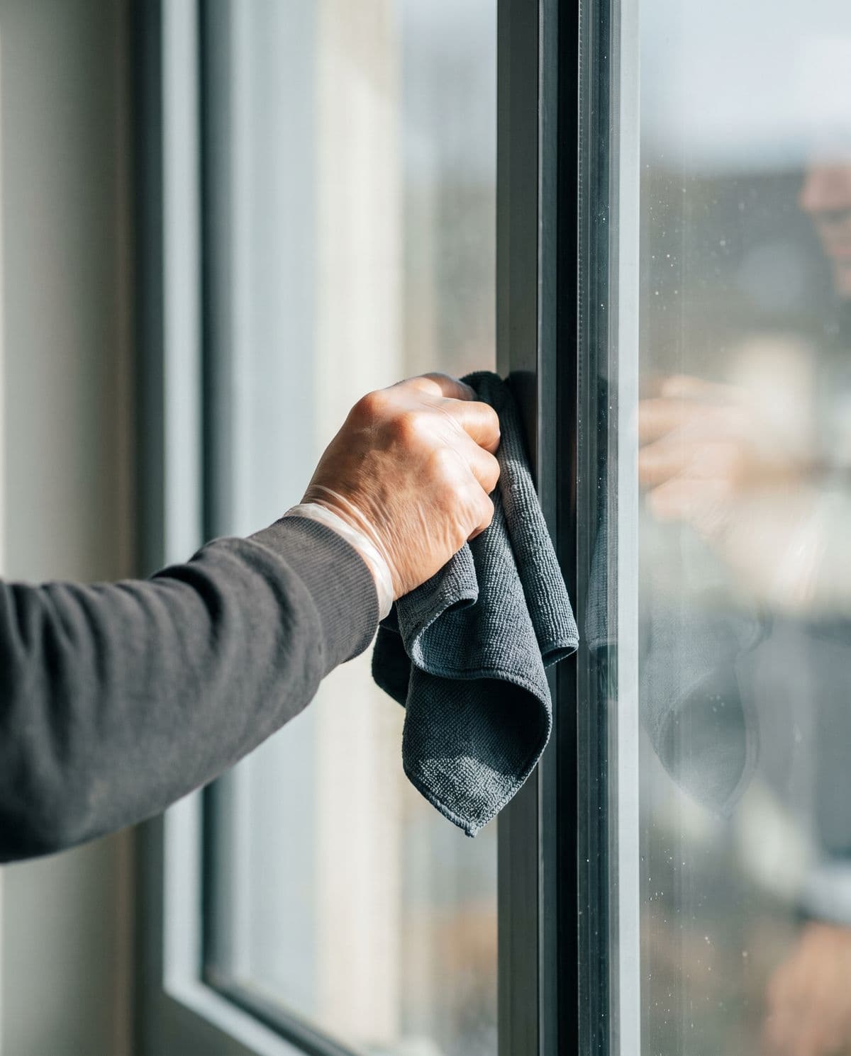 A hand drawing a folded microfibre cloth along the perimeter of a newly filmed window to dry the edge, the glass beyond flat and optically clear