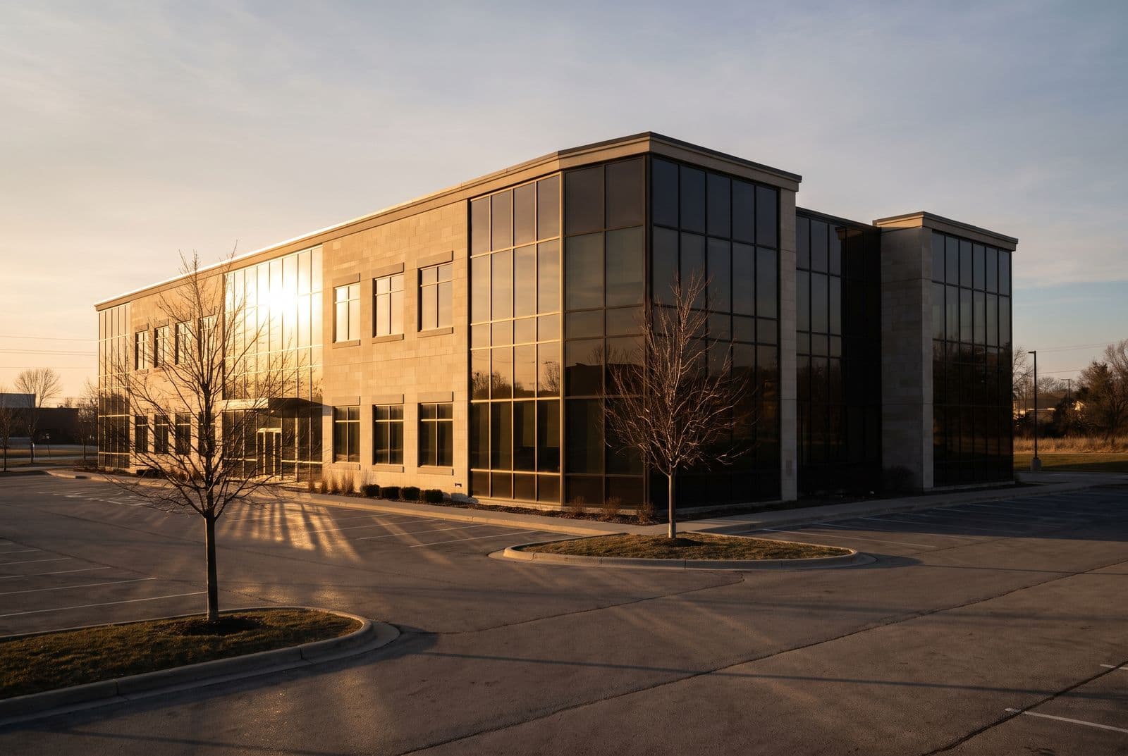 Low afternoon sun striking one whole face of a commercial building while the adjacent elevation falls into deep shadow