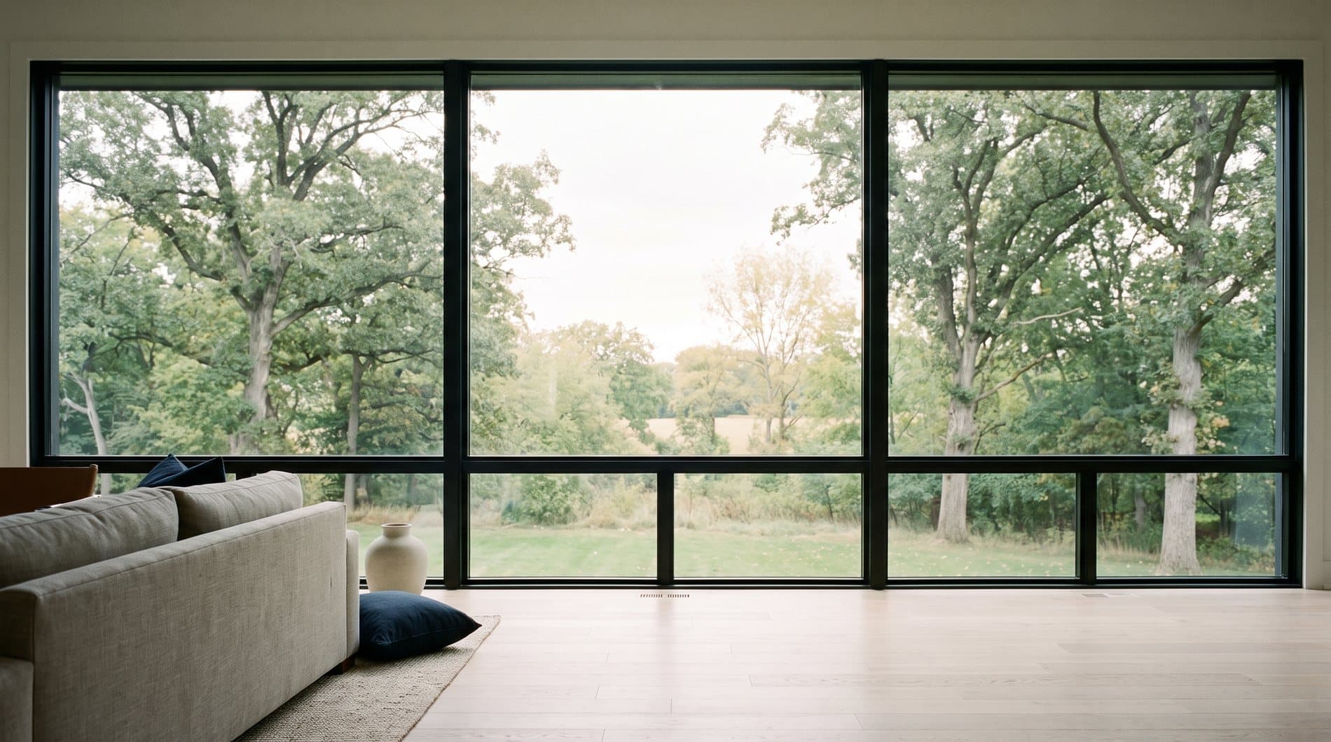 A living room seen from inside, looking through a large three-pane window wall onto mature oak trees and a meadow